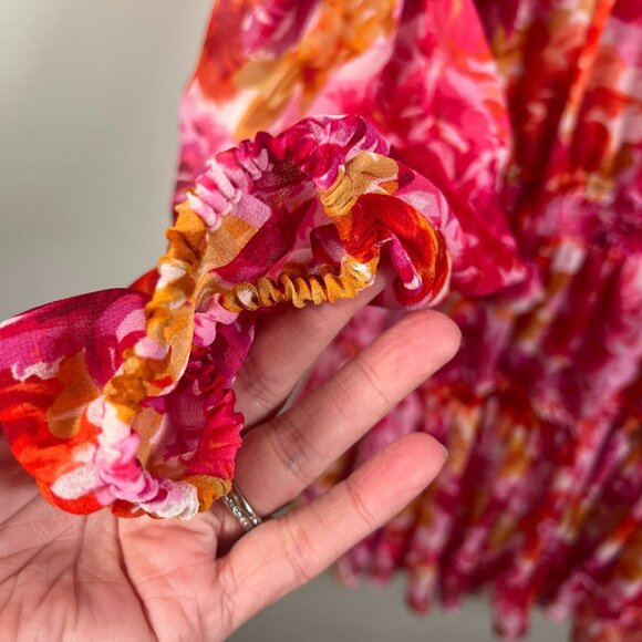 MIsa Clementine Mini Dress Size Medium Floral Pink Red Ruffle Party Wedding - Picture 7 of 13